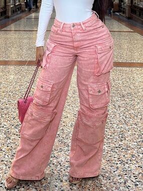 Fashion Nova Pink Cargo Wide Leg Jeans